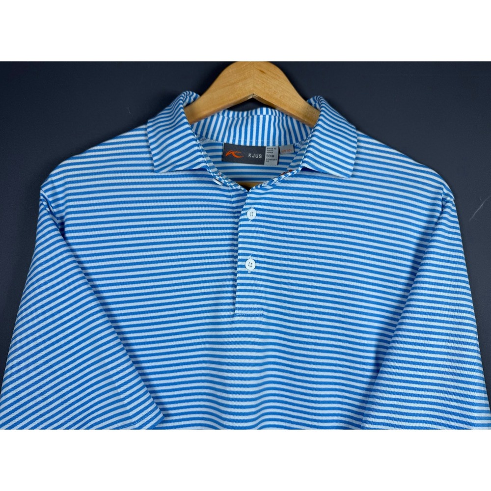 KJUS Mens Medium Lee Stripe Short Sleeve Polo Shirt Blue White Golf UPF 30+